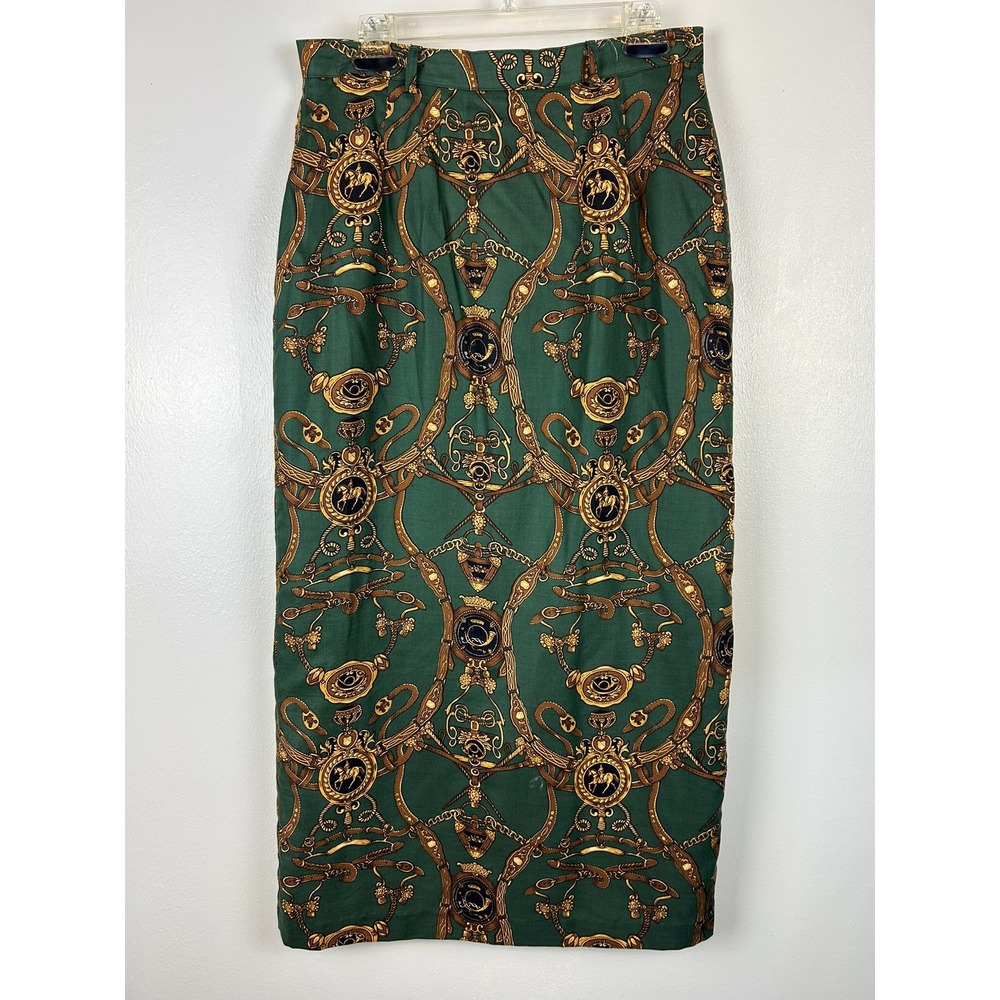 Vintage Collin Creek Equestrian Horse Button Front Maxi Skirt 12 Green Gold - Picture 4 of 5